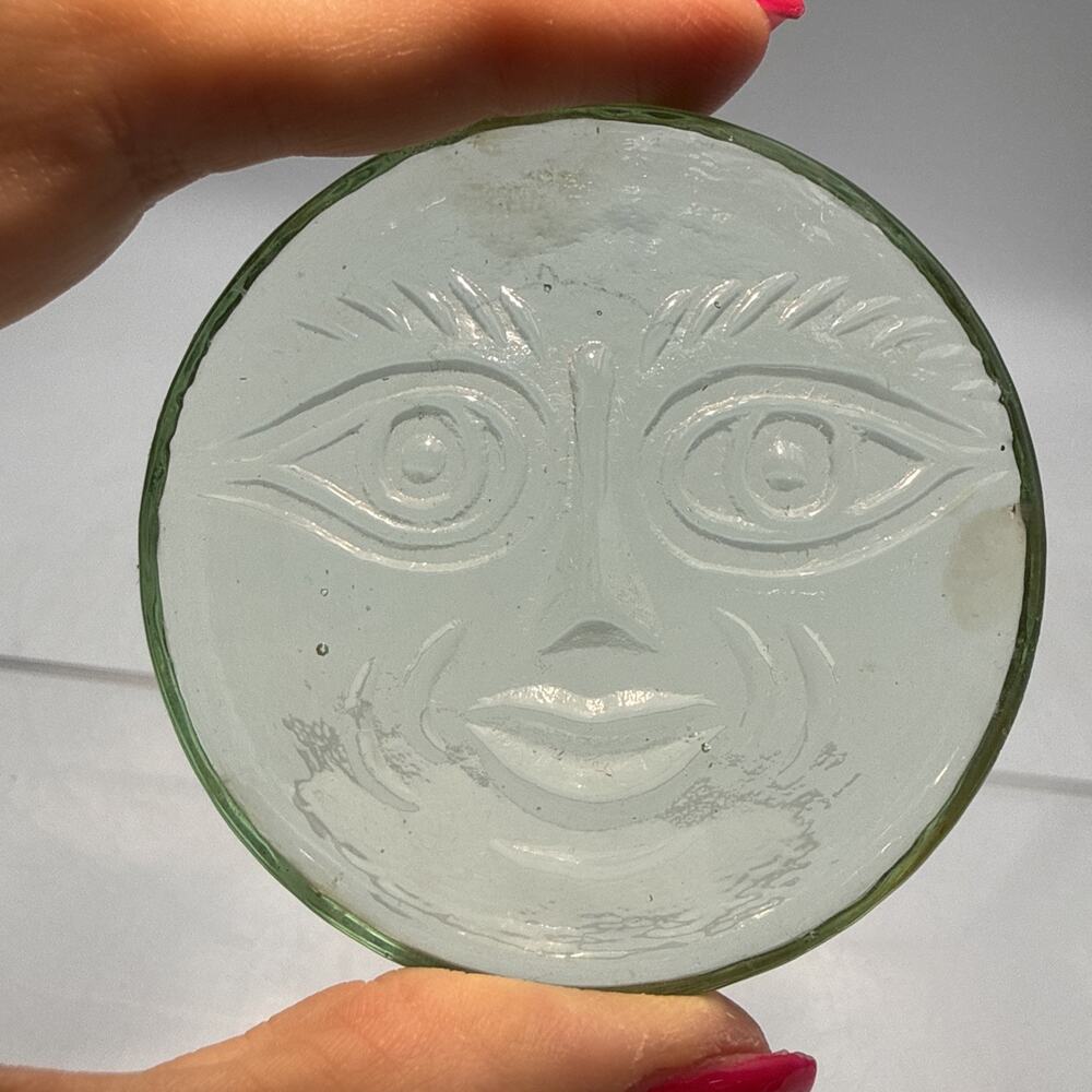 2.78” Vintage Green Sun Moon Face Art Glass Paperweight Blenko(?)